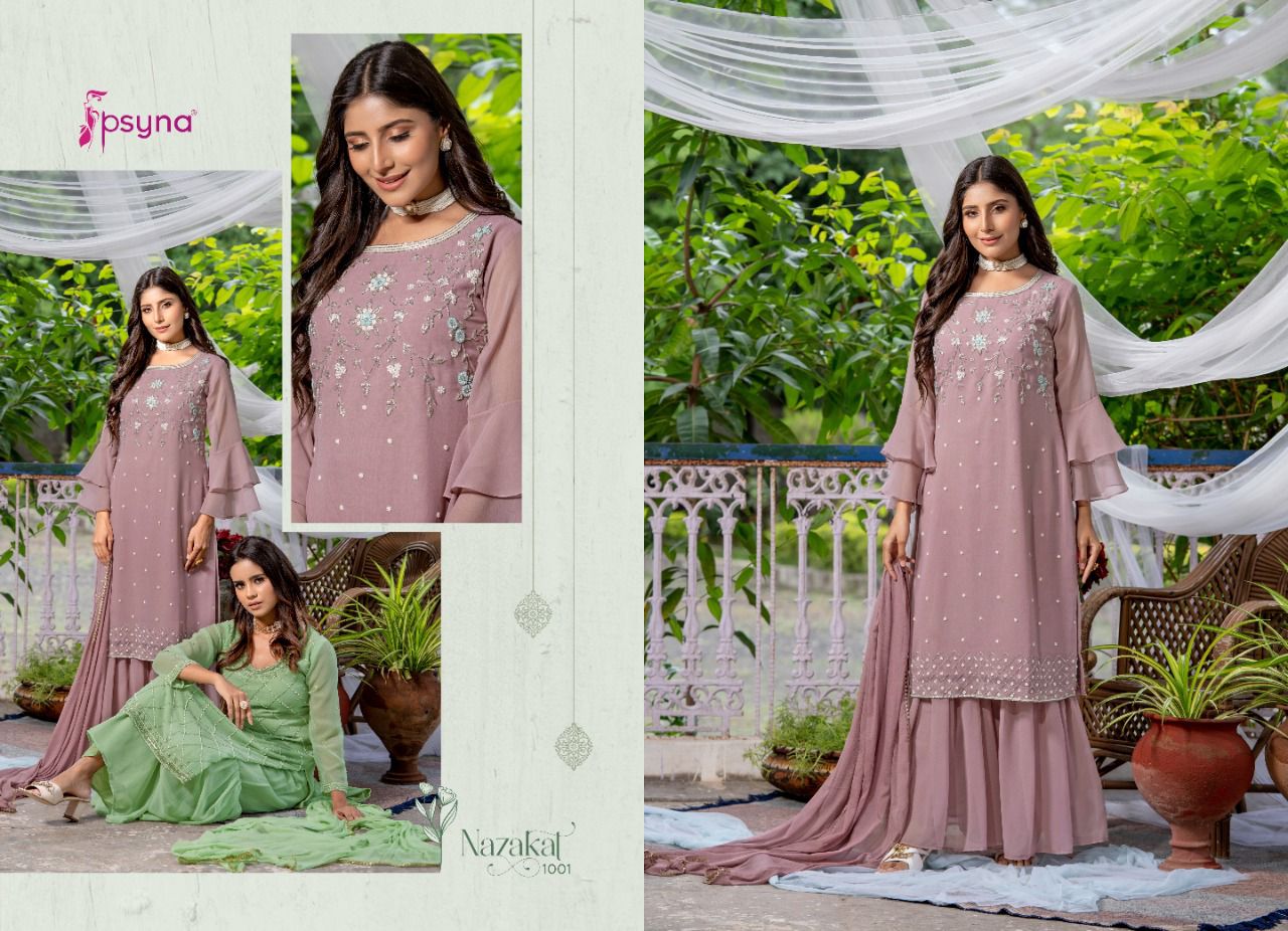 Psyna Nazakat Beautiful Fancy Georgette Festive Wear Kurti Sharara With Dupatta Collection